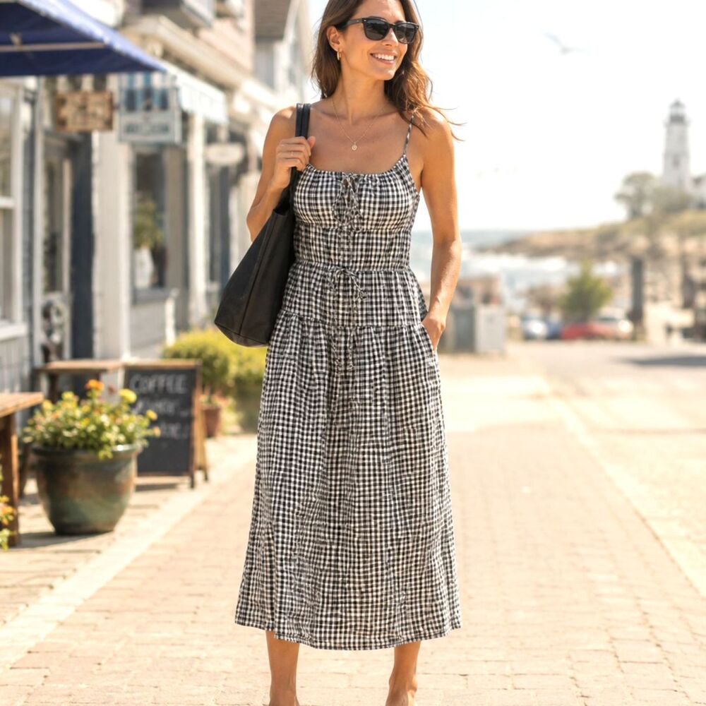 Smocked Gingham Cotton Maxi Sundress S Black White Tiered Cottagecore Pockets
